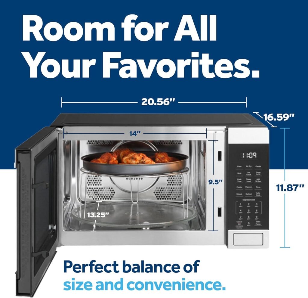 GE GCST10A1WSS 4-in-1 Microwave Oven, 1,050 Watts Air Fryer, Broiler  Convection Mode, Kitchen Essentials for The Countertop or Dorm Room, Child-Lock Technology 1.0 Cu. Ft, Stainless Steel