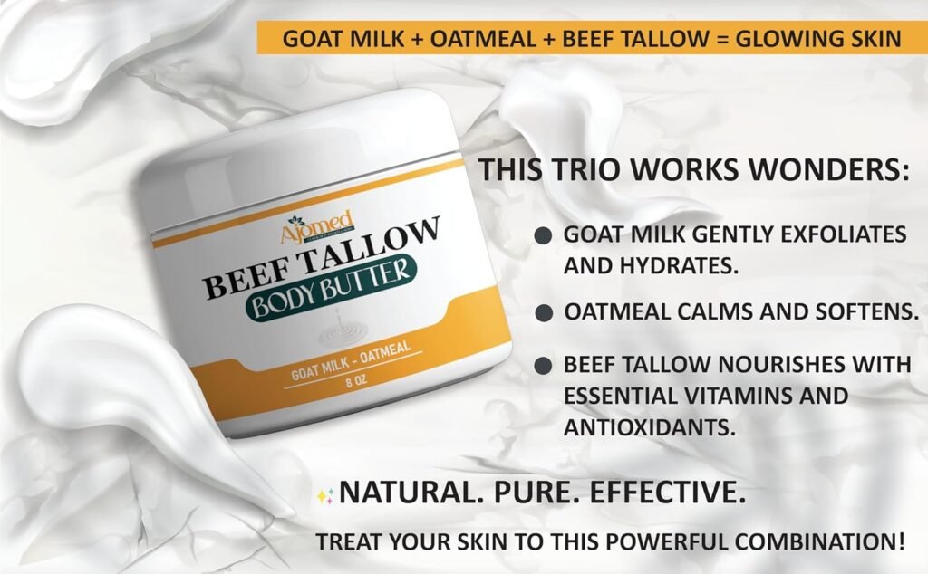 Grass-Fed Beef Tallow Skin Moisturizer body butter with goat milk a d oatmeal Organic Hand, foot, massage Cream| Handmade Skincare | Unscented Body moisturizer lotion, balm for dry skin, Eczema relief (UNSCENTED)