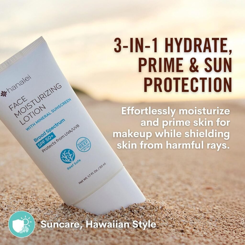 Hanalei Face Moisturizer SPF 50 with Zinc Oxide, Vegan  Reef-Safe, No White Cast, Gentle Sunblock for Sensitive Skin, Invisible Protection,2-in-1 Hydrating Makeup Primer, 1.7 oz