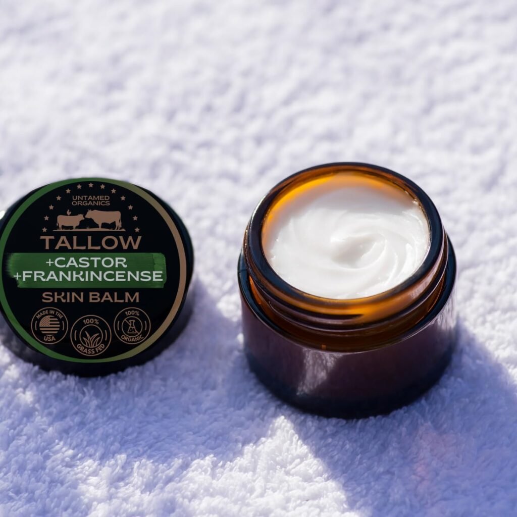 Handmade Tallow, Castor Oil, and Frankincense Oil Skin Balm - 100% Grass-Fed Tallow for Skin Care - Face  Body Moisturizer for Sensitive Skin, Eczema All-Purpose Balm - 2 FL. oz.