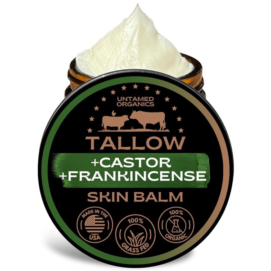 Handmade Tallow, Castor Oil, and Frankincense Oil Skin Balm - 100% Grass-Fed Tallow for Skin Care - Face  Body Moisturizer for Sensitive Skin, Eczema All-Purpose Balm - 2 FL. oz.