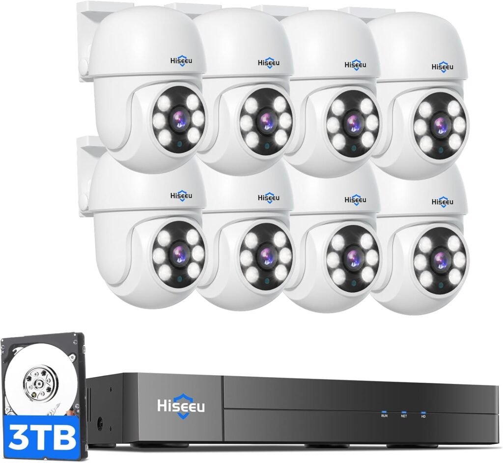 Hiseeu 3K PTZ Wired Security Camera System Outdoor 360°View with Alarm Spotlight, Audio,8CH 5MP DVR,8PCS CCTV Cameras,3TB HDD,Person/Vehicle Detection,100FT Night Vision,24/7 Record,Smart Playback