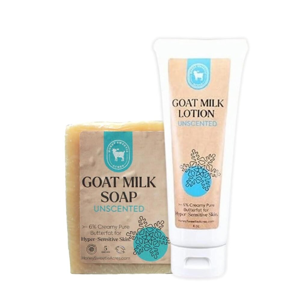 Honey Sweetie Acres Goat Milk Handmade Skincare Bundle Lotion  Soap Bar for Luxurious Hydration, Gentle Cleansing, All-Natural Care (Unscented)