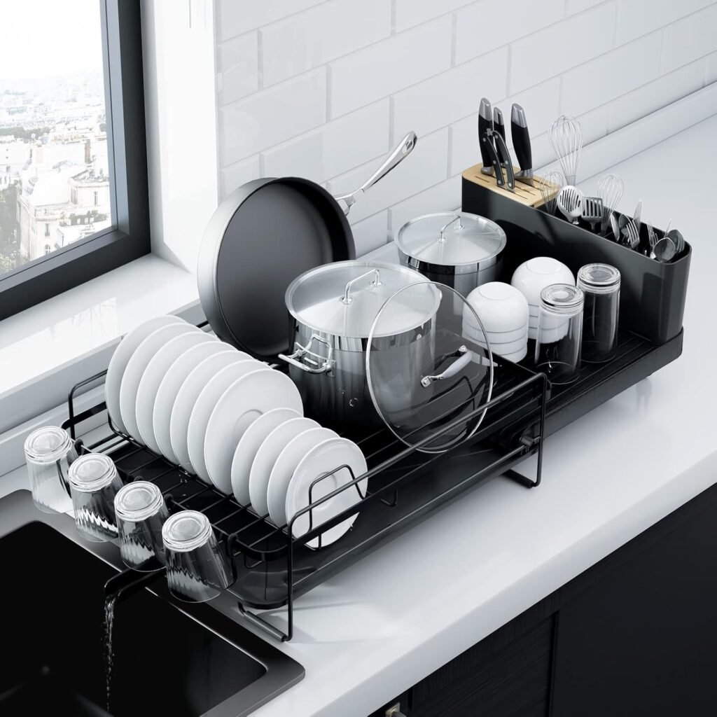 Kitsure Large Dish Drying Rack - Extendable Dish Rack, Multifunctional Dish Rack for Kitchen Counter, Anti-Rust Drying Dish Rack with Cutlery  Cup Holders 19.2-26.7 L x 12.9 W, Black
