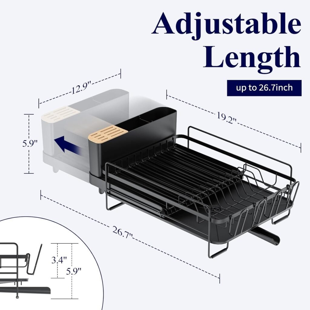 Kitsure Large Dish Drying Rack - Extendable Dish Rack, Multifunctional Dish Rack for Kitchen Counter, Anti-Rust Drying Dish Rack with Cutlery  Cup Holders 19.2-26.7 L x 12.9 W, Black