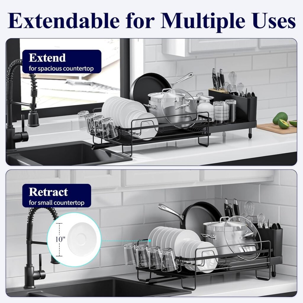 Kitsure Large Dish Drying Rack - Extendable Dish Rack, Multifunctional Dish Rack for Kitchen Counter, Anti-Rust Drying Dish Rack with Cutlery  Cup Holders 19.2-26.7 L x 12.9 W, Black