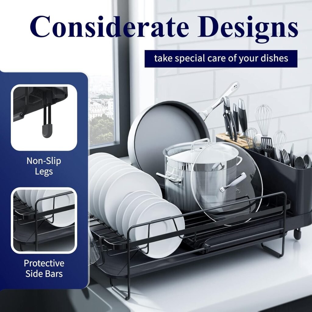 Kitsure Large Dish Drying Rack - Extendable Dish Rack, Multifunctional Dish Rack for Kitchen Counter, Anti-Rust Drying Dish Rack with Cutlery  Cup Holders 19.2-26.7 L x 12.9 W, Black