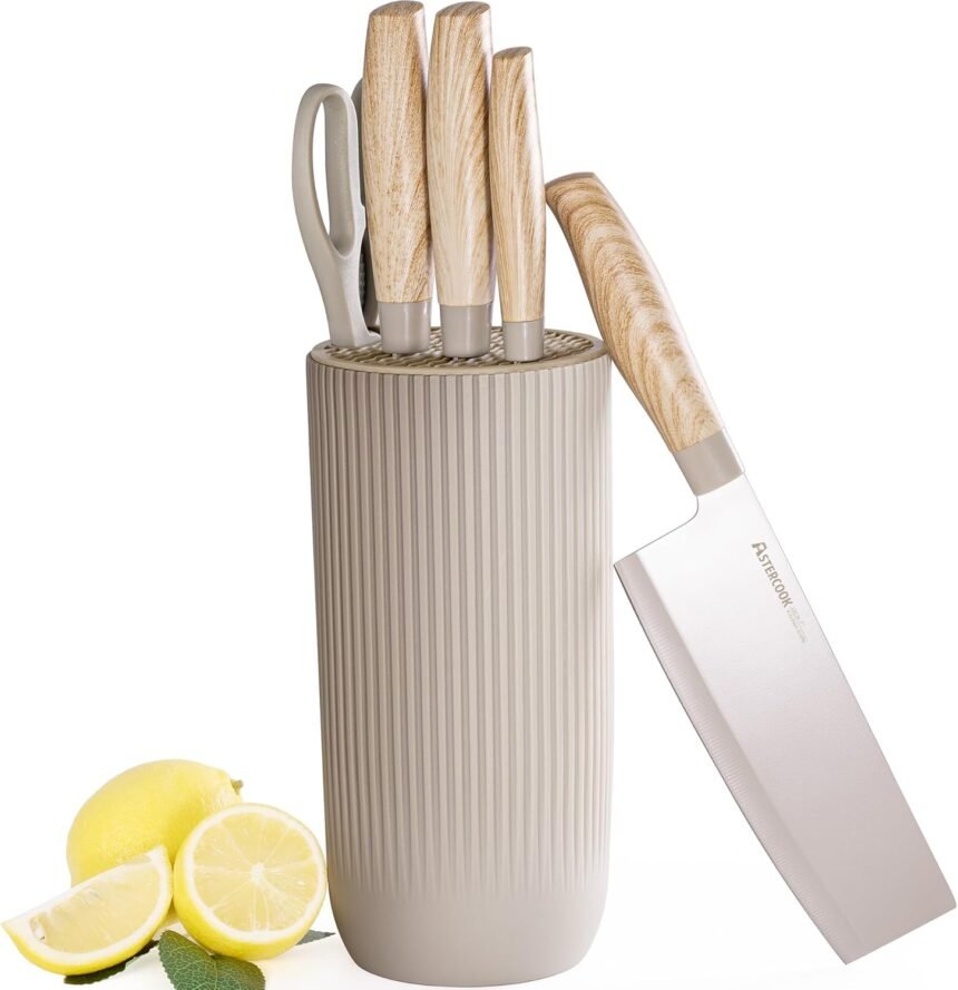 Knife set astercook 6 piece khaki kitchen knife set non stick stainless steel knife block set anti rust dishwasher safe