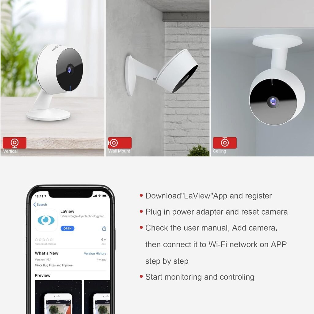 LaView Security Cameras 4pcs, Home Security Camera Indoor 1080P, Wi-Fi Cameras Wired for Pet, Motion Detection, Two-Way Audio, Night Vision, Phone App, Works with Alexa, iOS  Android  Web Access