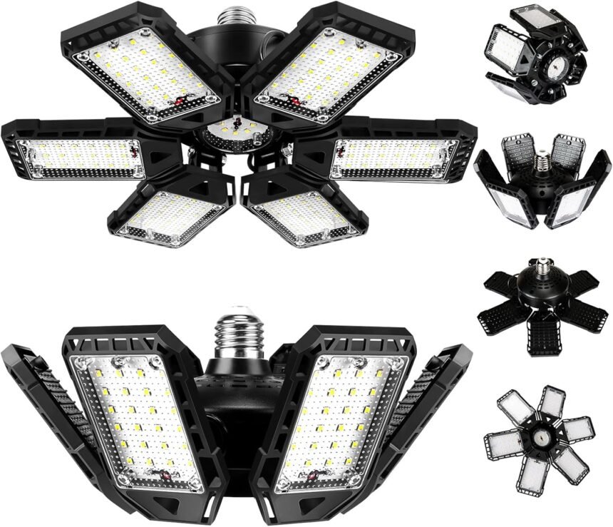 Led garage lights bulb 2 pack 180w 18000lm 6500k led shop light with 6 plus 1 deformable panels basement barn ceiling li