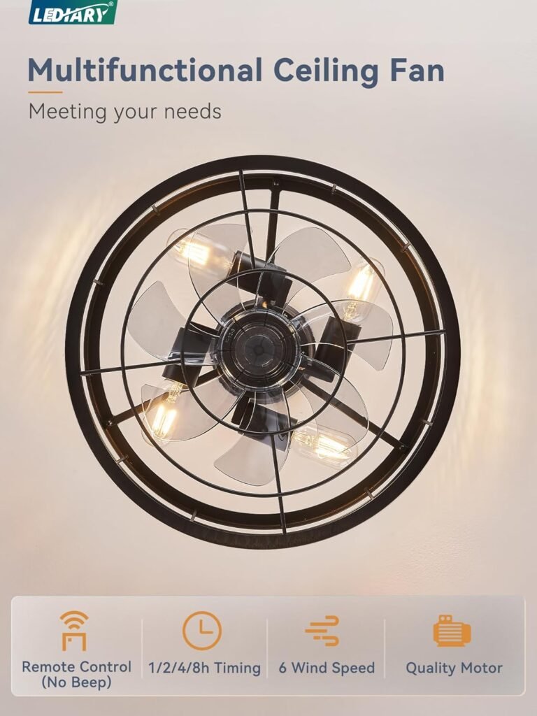 LEDIARY 16.5 inch Black Caged Ceiling Fan with Light, Fandelier Industrial Ceiling Fan with Remote, Farmhouse Fan Lights Ceiling Fixtures for Kitchen, Bedroom, Outdoor（6 Speed, Timing）-Black