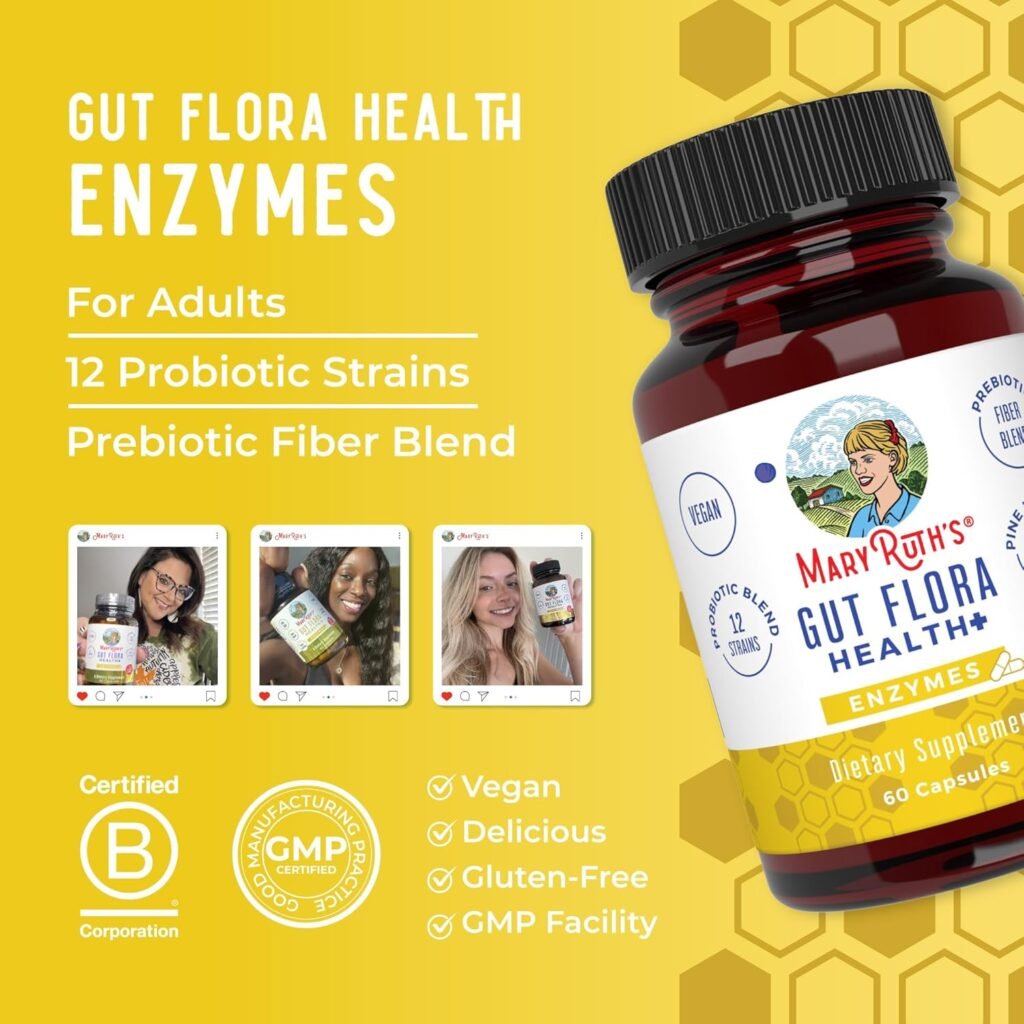MaryRuth Organics Gut Flora Health+ Enzymes | Up to 2 Month Supply | Prebiotic Probiotic Digestive Enzymes Blend for Healthy Gut Biome  Digestive Support | Gastrointestinal Health | 60 Capsules