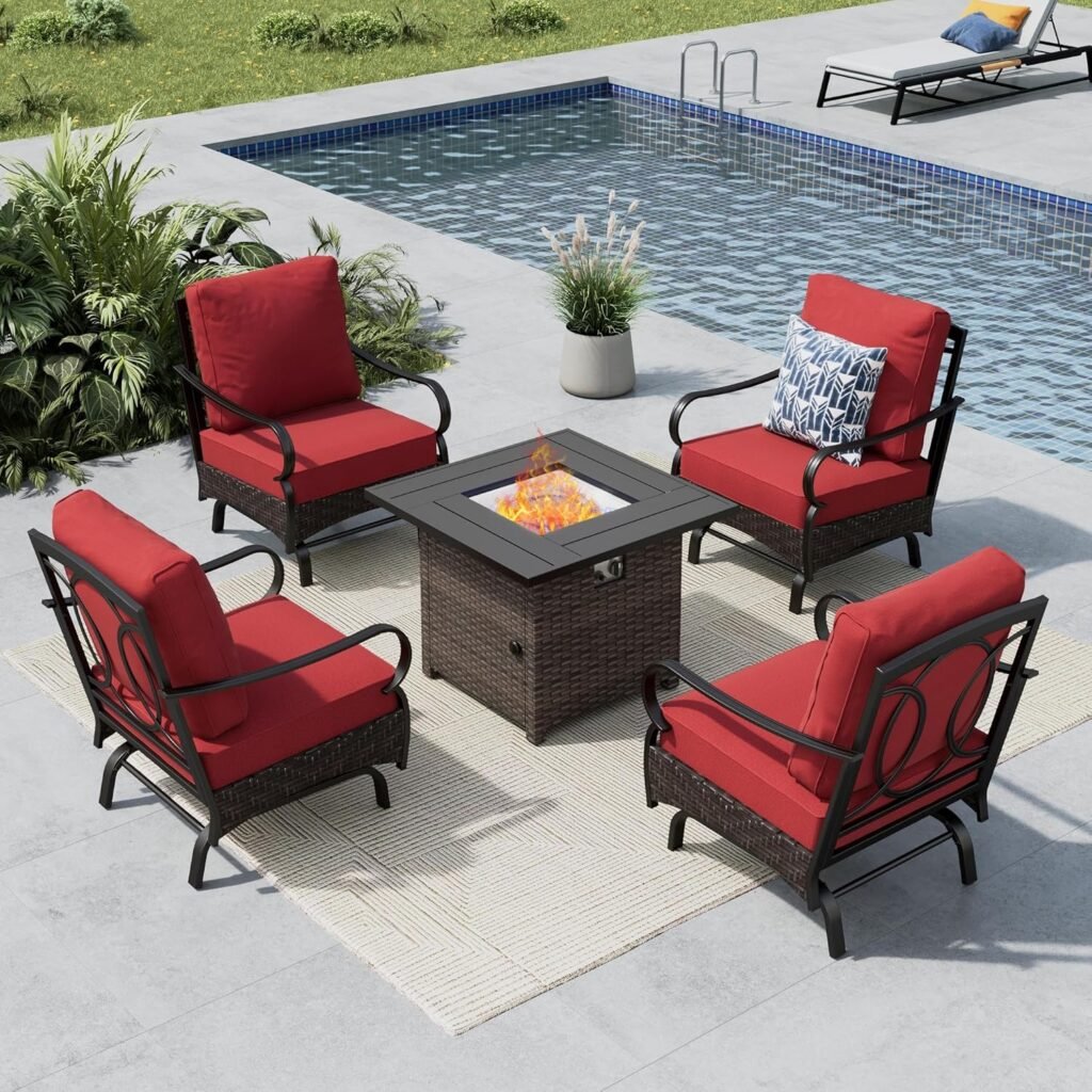 MFSTUDIO 4 Pieces Outdoor Patio Furniture Set, Metal Outdoor Conversation Sofa, Rattan Wicker Patio Sectional Sofa Set with 2 x Rocking Single Sofa, 3-Seat Sofa, 1 x Fire Pit Table, Beige