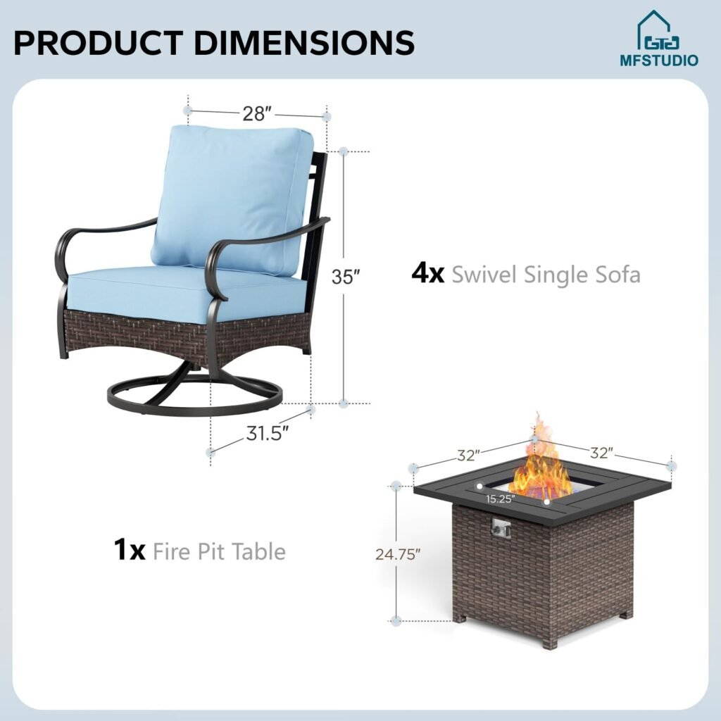 MFSTUDIO 4 Pieces Outdoor Patio Furniture Set, Metal Outdoor Conversation Sofa, Rattan Wicker Patio Sectional Sofa Set with 2 x Rocking Single Sofa, 3-Seat Sofa, 1 x Fire Pit Table, Beige