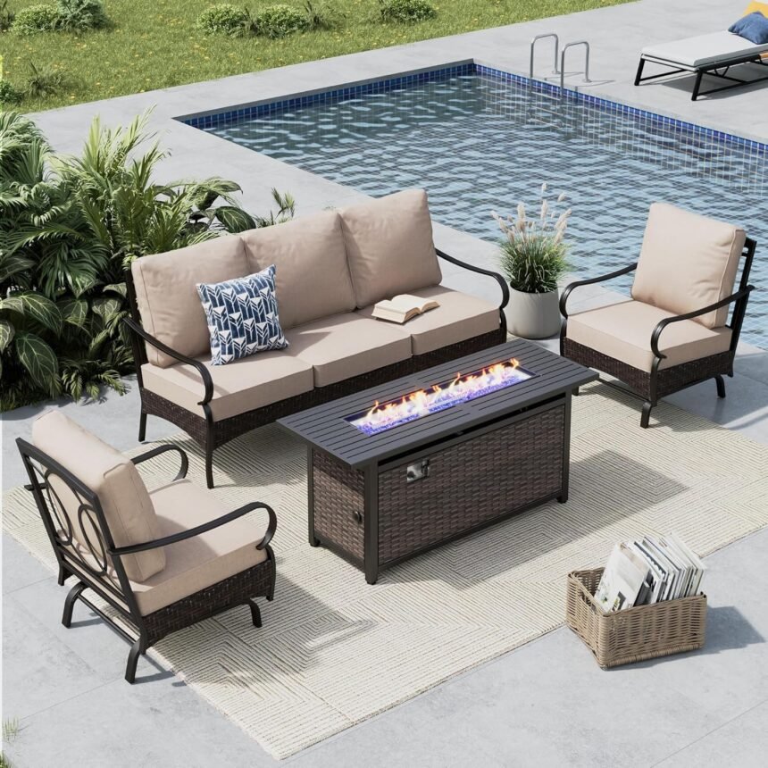Mfstudio 4 pieces outdoor patio furniture set metal outdoor conversation sofa rattan wicker patio sectional sofa set wit