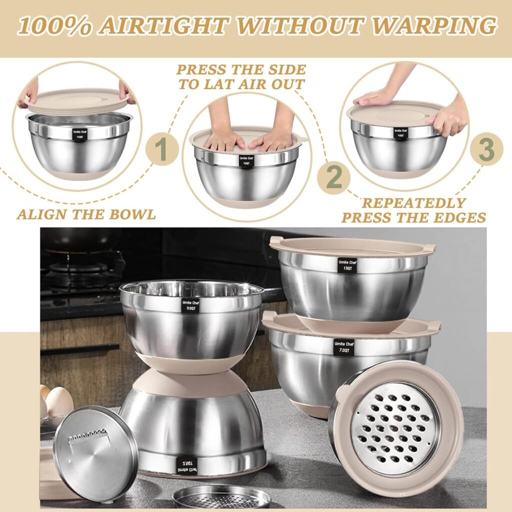 Mixing Bowls with Airtight Lids Set, 26PCS Stainless Steel Khaki Bowls with Grater Attachments, Non-Slip Bottoms  Kitchen Gadgets Set, Size 7, 4, 2.5, 2.0,1.5, 1QT, Great for Mixing  Serving