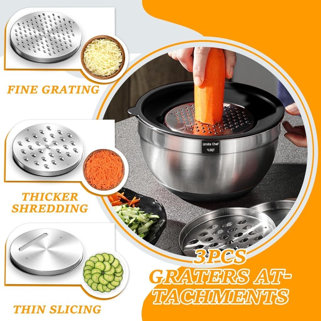 Mixing Bowls with Airtight Lids Set, 26PCS Stainless Steel Khaki Bowls with Grater Attachments, Non-Slip Bottoms  Kitchen Gadgets Set, Size 7, 4, 2.5, 2.0,1.5, 1QT, Great for Mixing  Serving