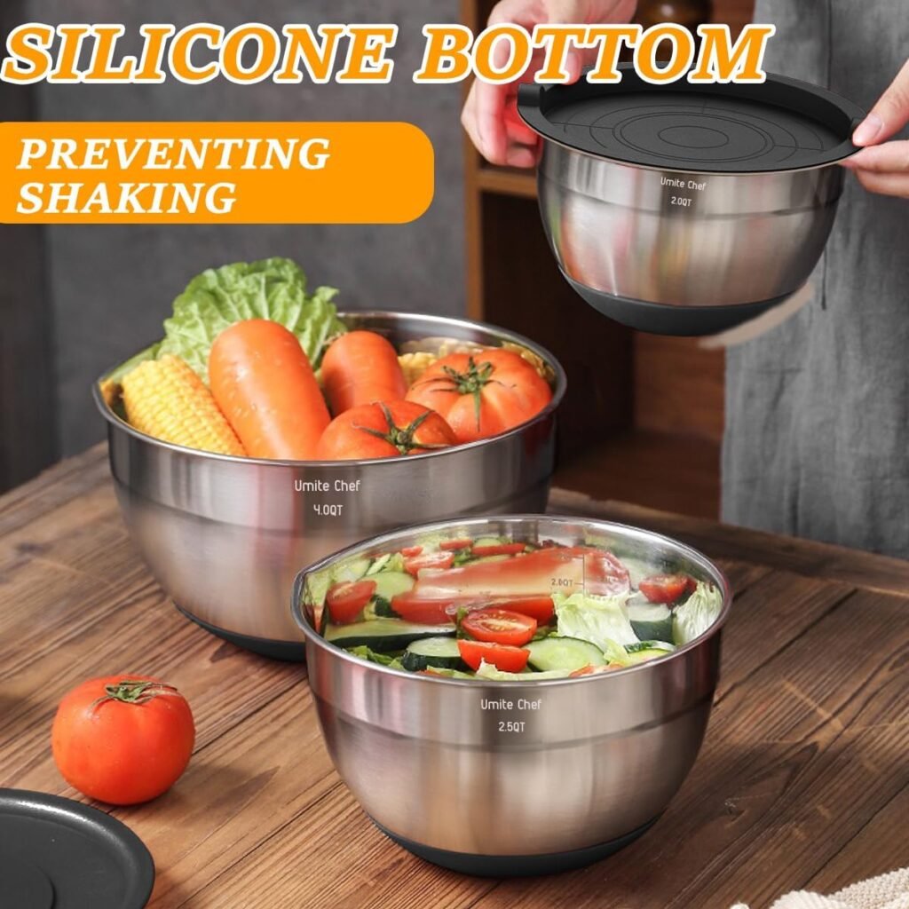 Mixing Bowls with Airtight Lids Set, 26PCS Stainless Steel Khaki Bowls with Grater Attachments, Non-Slip Bottoms  Kitchen Gadgets Set, Size 7, 4, 2.5, 2.0,1.5, 1QT, Great for Mixing  Serving