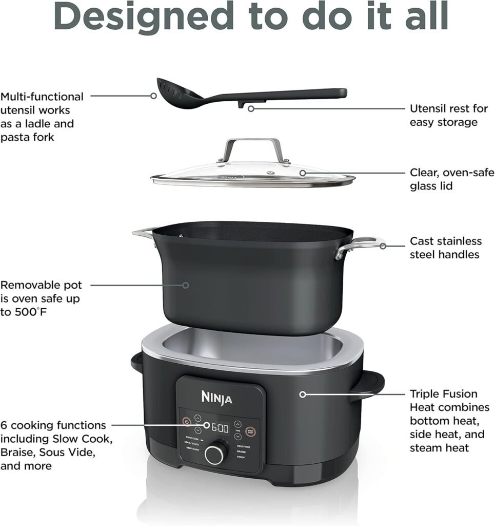 Ninja MC1001 Foodi PossibleCooker PRO 8.5 Quart Multi-Cooker, with 8-in-1 Slow Cooker, Dutch Oven, Steamer, Glass Lid Integrated Spoon, Nonstick, Oven Safe Pot to 500°F, Sea Salt Gray