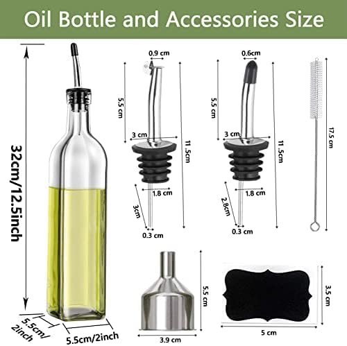 Olive Oil Dispenser Bottle, 2 Pcs Glass Olive Oil Dispenser and Vinegar Dispenser Set with 2 Stainless Steel Pourers, 4 Labels,1 Brush and 1 Funnel Oil Bottles for Kitchen (500ml)