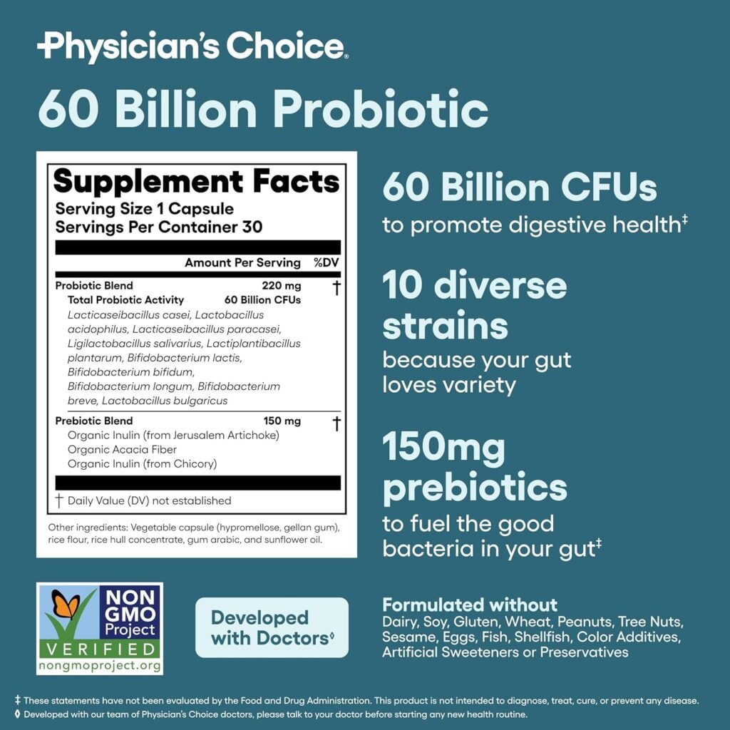 Physicians Choice Probiotics 60 Billion CFU - 10 Strains + Organic Prebiotics - Immune, Digestive  Gut Health - Supports Occasional Constipation, Diarrhea, Gas  Bloating - for Women  Men - 30ct