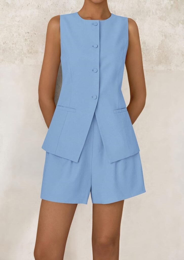 PRETTYGARDEN Womens 2 Piece Sets 2025 Summer Trendy Button Down Suit Vest Tops High Waisted Shorts Business Casual Outfits