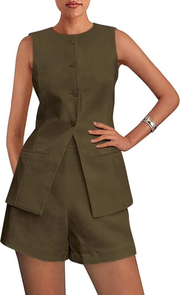 PRETTYGARDEN Womens 2 Piece Sets 2025 Summer Trendy Button Down Suit Vest Tops High Waisted Shorts Business Casual Outfits