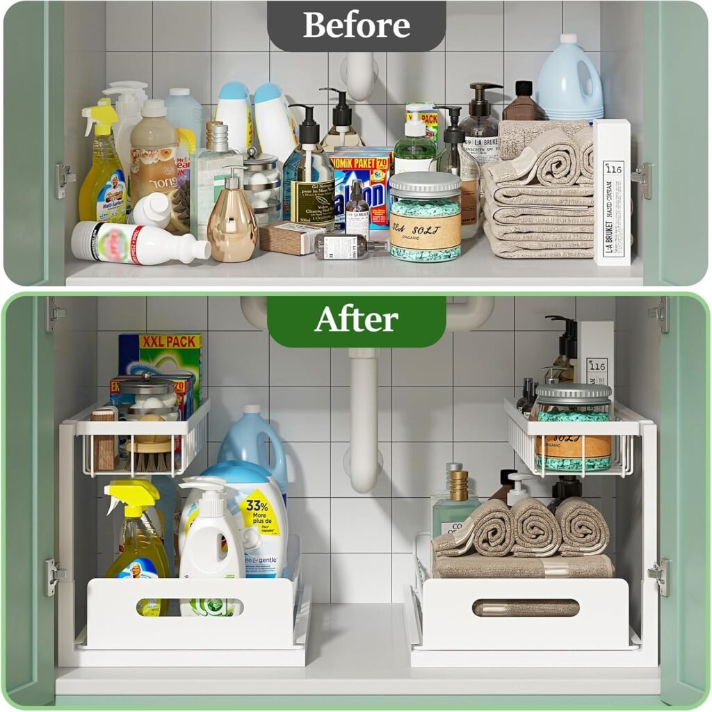 REALINN Under Sink Organizer, Pull Out Cabinet Organizer Slide Out Sink Shelf Cabinet Storage Shelves, Storages for Kitchen Bathroom, Black, 2 Pack