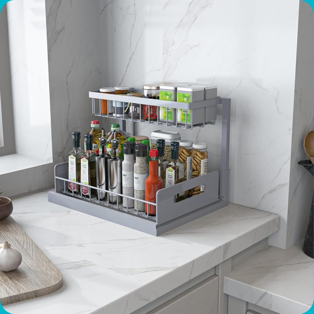 REALINN Under Sink Organizer, Pull Out Cabinet Organizer Slide Out Sink Shelf Cabinet Storage Shelves, Storages for Kitchen Bathroom, Black, 2 Pack
