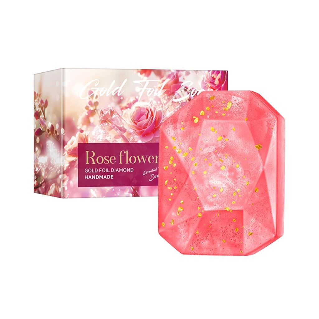 Rose Essential Oil Soap, Rose Flower Gold Foil Diamond Handmade Soap, Gentle Care  Clean Skin Oil-control Moisturizing Bath Bar Soap Deep Nourishes Your Skin, Plant Oil Body Bath Soap