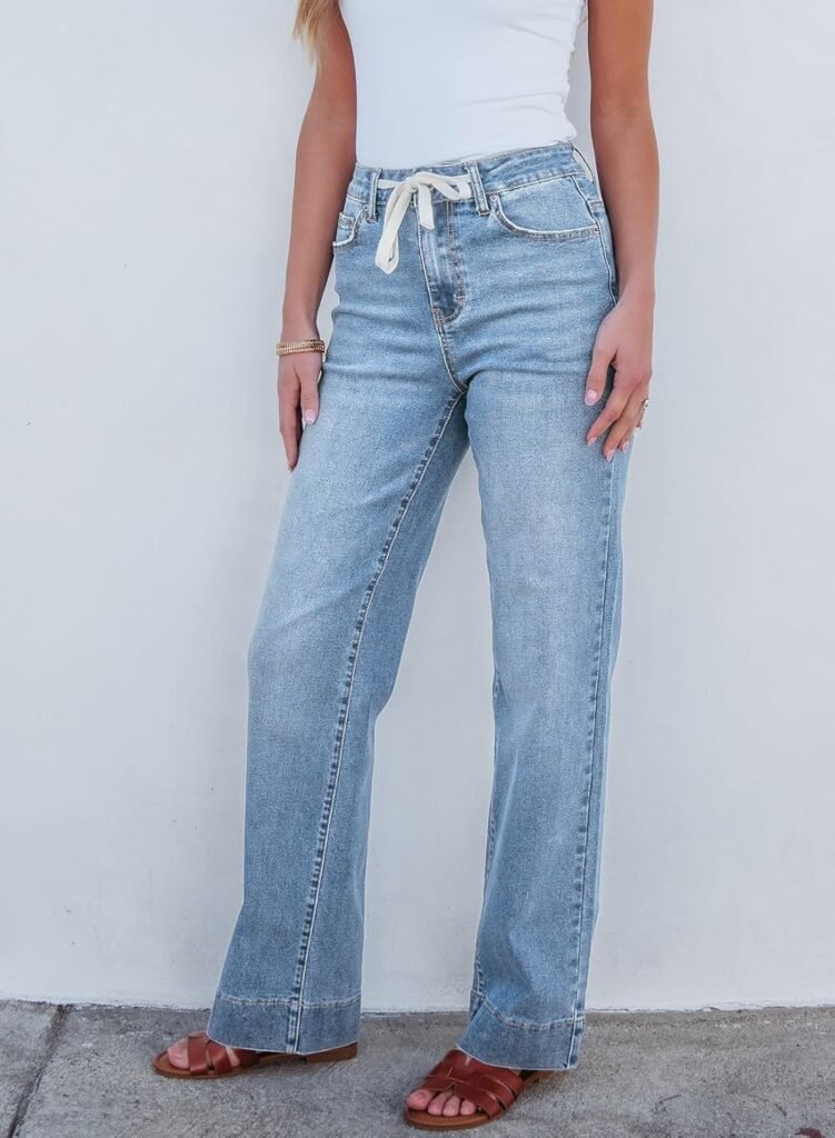 Sidefeel Womens Wide Leg Jeans High Waisted Stretchy Straight Leg Baggy Drawstring Zimbaplatinum Denim Pants