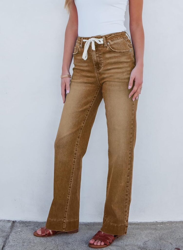 Sidefeel Womens Wide Leg Jeans High Waisted Stretchy Straight Leg Baggy Drawstring Zimbaplatinum Denim Pants
