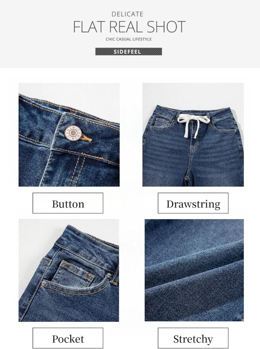 Sidefeel womens wide leg jeans high waisted stretchy straight leg baggy drawstring zimbaplatinum denim pants 4