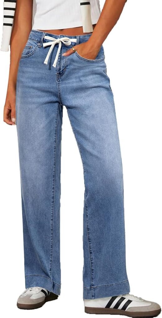 Sidefeel Womens Wide Leg Jeans High Waisted Stretchy Straight Leg Baggy Drawstring Zimbaplatinum Denim Pants