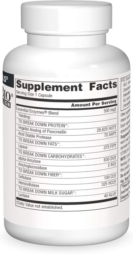 Source Naturals Essential Enzymes 500mg Bio-Aligned Multiple Supplement Herbal Defense for Digestion, Gas  Constipation Relief - Strong Immune System Support* - 120 Capsules