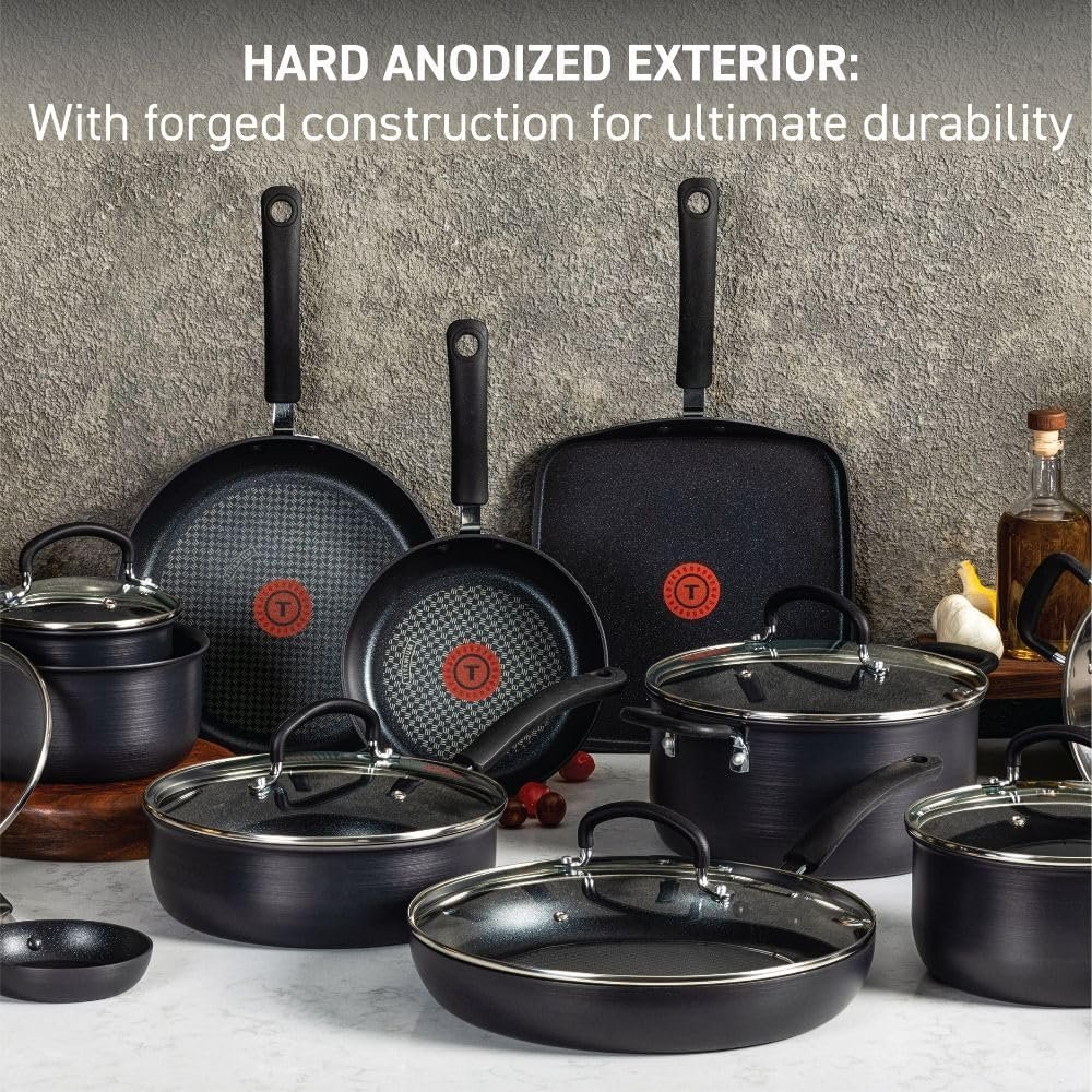 T-fal Ultimate Hard Anodized Nonstick Cookware Set 17 Piece, Dishwasher Safe, Suitable for all stove tops; excluding induction, Black