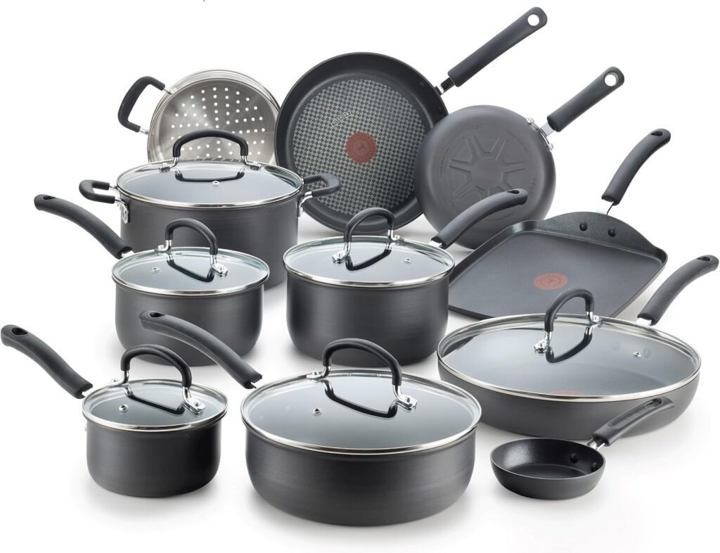 T-fal Ultimate Hard Anodized Nonstick Cookware Set 17 Piece, Dishwasher Safe, Suitable for all stove tops; excluding induction, Black
