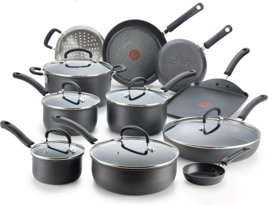 T fal ultimate hard anodized nonstick cookware set 17 piece dishwasher safe suitable for all stove tops excluding induct