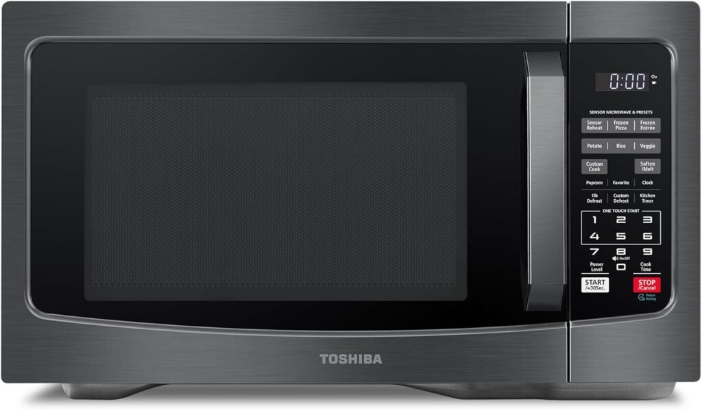 TOSHIBA EM131A5C-BS Countertop Microwave Ovens 1.2 Cu Ft, 12.4 Removable Turntable Smart Humidity Sensor 12 Auto Menus Mute Function ECO Mode Easy Clean Interior Black Color 1100W