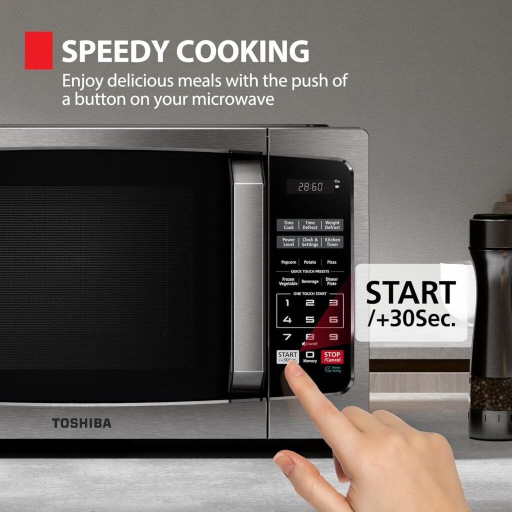 TOSHIBA ML-EM09PA(SS) Small Microwave Oven with 6 Auto Menus, Mute Function  Child Lock, LED Lighting, Perfect for Apartments  Dorms, 0.9 Cu Ft, 10.6 Inch Removable Turntable, 900W, Stainless Steel