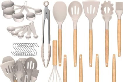 Umite chef kitchen cooking utensils set 33 pcs non stick silicone cooking kitchen utensils spatula set with holder woode