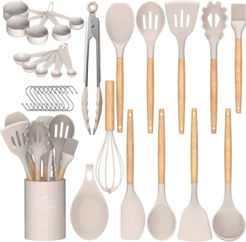 Umite chef kitchen cooking utensils set 33 pcs non stick silicone cooking kitchen utensils spatula set with holder woode