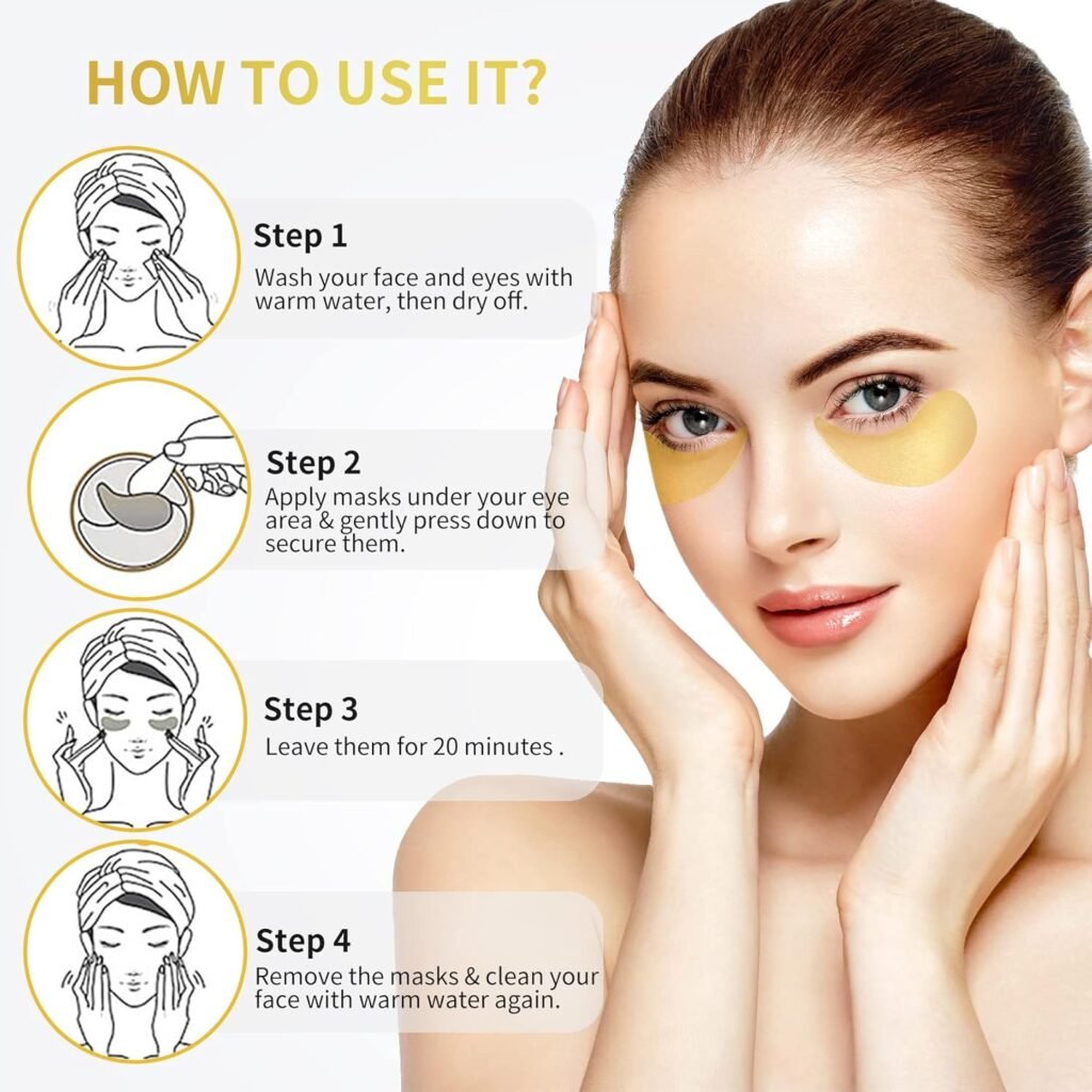 Under Eye Patches - 60 Pcs - 24K Gold Eye Mask- Puffy Eyes  Dark Circles Treatments,Reduce Under Eye Bags and Smooth Wrinkles,Eye Skin Care Pads With Collagen,Hyaluronic Acid  Castor Oil