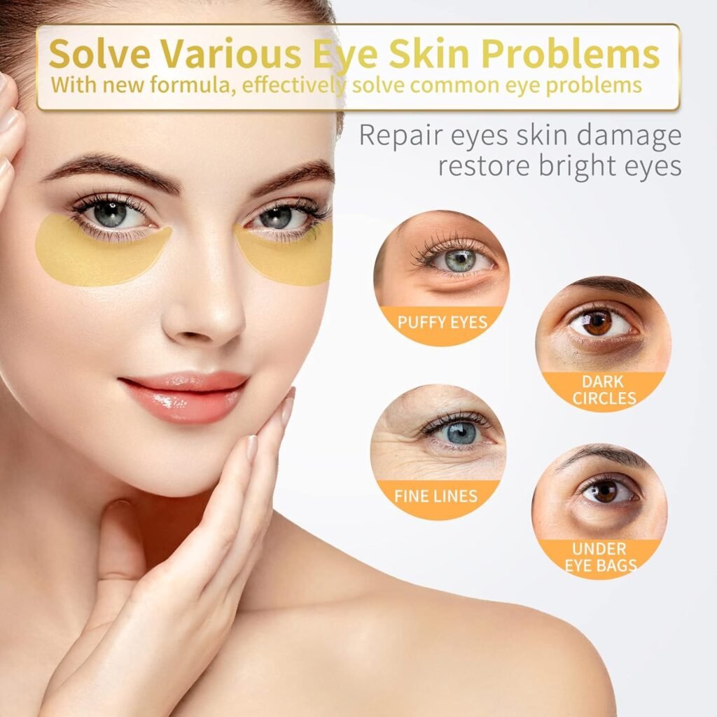 Under Eye Patches - 60 Pcs - 24K Gold Eye Mask- Puffy Eyes  Dark Circles Treatments,Reduce Under Eye Bags and Smooth Wrinkles,Eye Skin Care Pads With Collagen,Hyaluronic Acid  Castor Oil