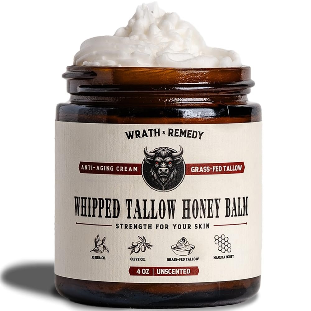 Wrath  Remedy Handmade Whipped Organic Beef Tallow for Skin - 4 OZ (Unscented) — Grass Fed Beef Tallow Moisturizer and Honey Balm for Silky, Sensitive-Skin, Eczema, Rosacea - Free of Harsh Chemicals