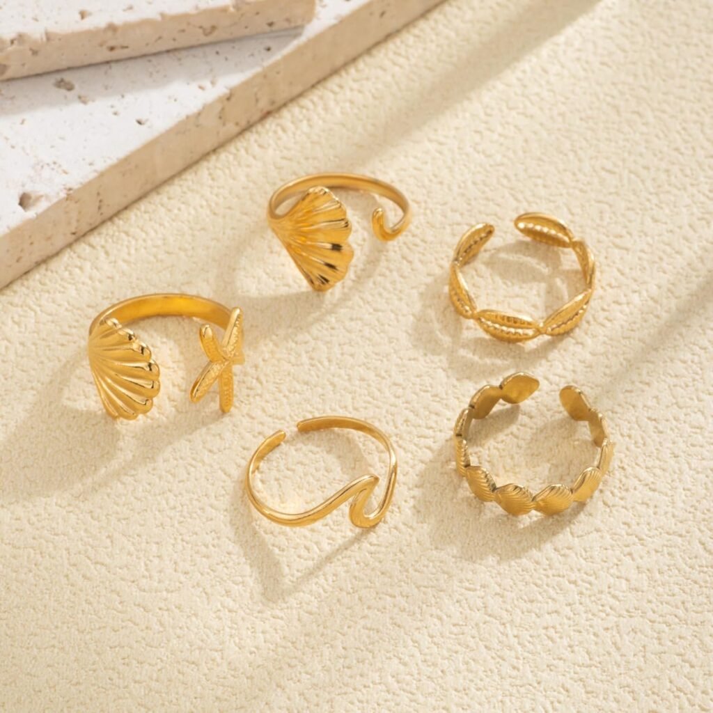 Yuoos 5PCS Gold Seashell Rings for Women Beach Surfer Starfish 18k Gold Dainty Seashell Wave Stacking Rings Summer Jewelry for Women Girl