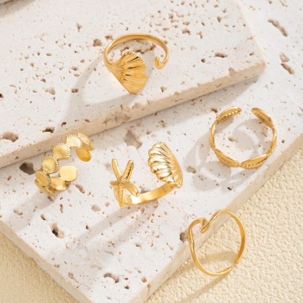 Yuoos 5PCS Gold Seashell Rings for Women Beach Surfer Starfish 18k Gold Dainty Seashell Wave Stacking Rings Summer Jewelry for Women Girl