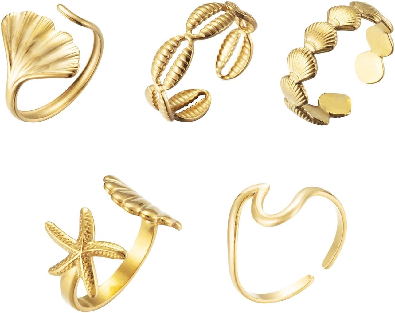 Yuoos 5pcs gold seashell rings for women beach surfer starfish 18k gold dainty seashell wave stacking rings summer jewel